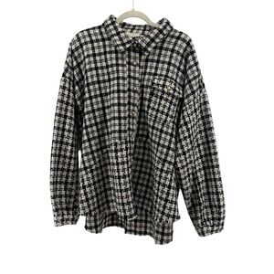 UMGEE Plaid Tweed Shacket Button Down Pearl Buttons Fringe Hem Oversized Top 2XL